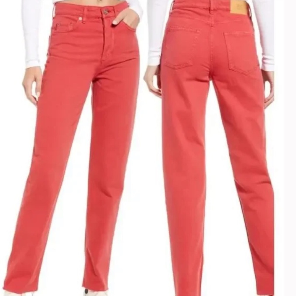 BDG URBAN OUTFITTERS Red Pax Raw Hem High Waist Straight Leg Button Fly Jeans